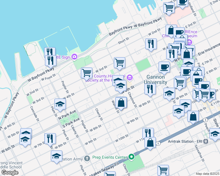 map of restaurants, bars, coffee shops, grocery stores, and more near 453 West 5th Street in Erie