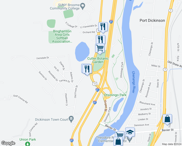 map of restaurants, bars, coffee shops, grocery stores, and more near 822 Front Street in Binghamton