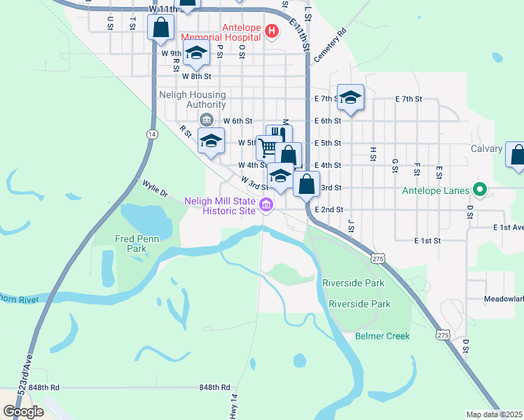 map of restaurants, bars, coffee shops, grocery stores, and more near 111 West 2nd Street in Neligh