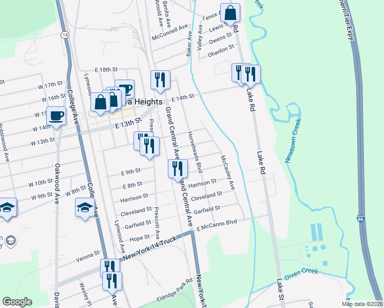 map of restaurants, bars, coffee shops, grocery stores, and more near 317 East 9th Street in Elmira
