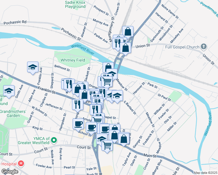 map of restaurants, bars, coffee shops, grocery stores, and more near 14 Bartlett Street in Westfield
