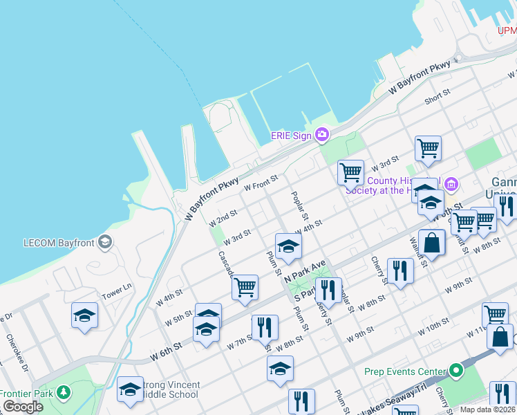 map of restaurants, bars, coffee shops, grocery stores, and more near 210 Plum Street in Erie