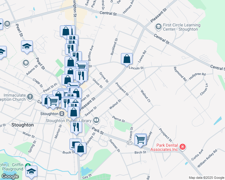 map of restaurants, bars, coffee shops, grocery stores, and more near 22 Chestnut Street in Stoughton
