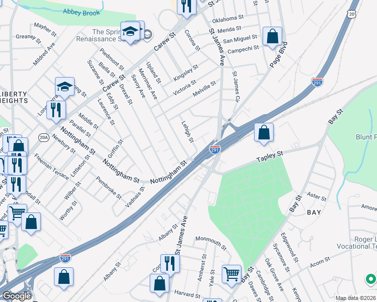 map of restaurants, bars, coffee shops, grocery stores, and more near 23 Savoy Avenue in Springfield