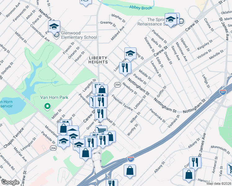 map of restaurants, bars, coffee shops, grocery stores, and more near 32 Freeman Terrace in Springfield