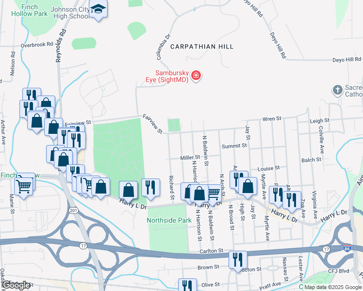 map of restaurants, bars, coffee shops, grocery stores, and more near 199 North Hudson Street in Johnson City