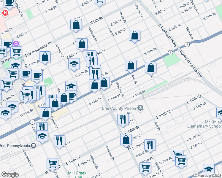 map of restaurants, bars, coffee shops, grocery stores, and more near 409 East 13th Street in Erie