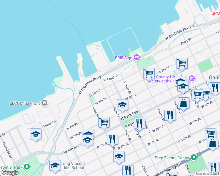 map of restaurants, bars, coffee shops, grocery stores, and more near 210 Plum Street in Erie