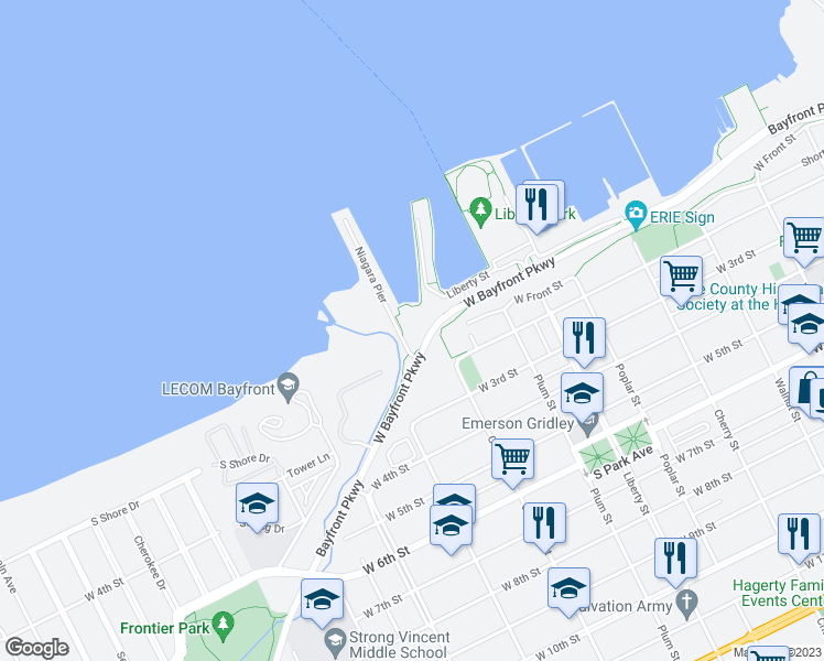 map of restaurants, bars, coffee shops, grocery stores, and more near 1625 West Bayfront Parkway in Erie