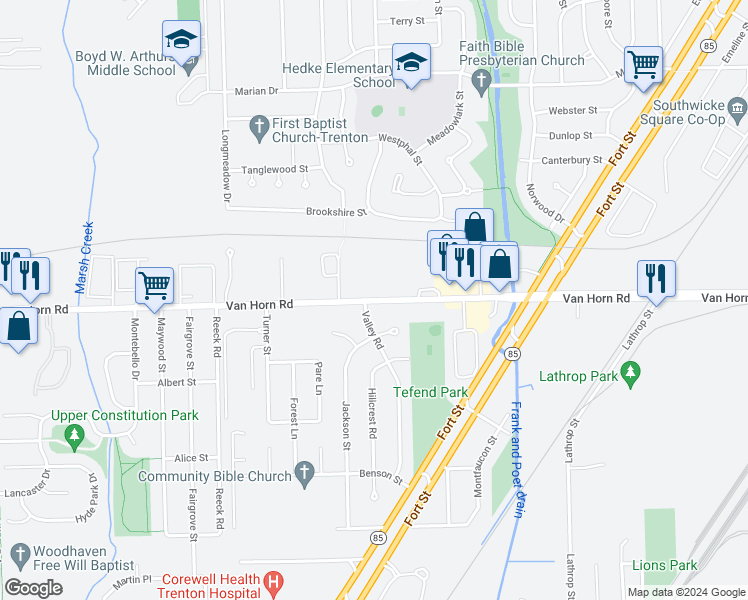 map of restaurants, bars, coffee shops, grocery stores, and more near 4533 Valley Road in Trenton