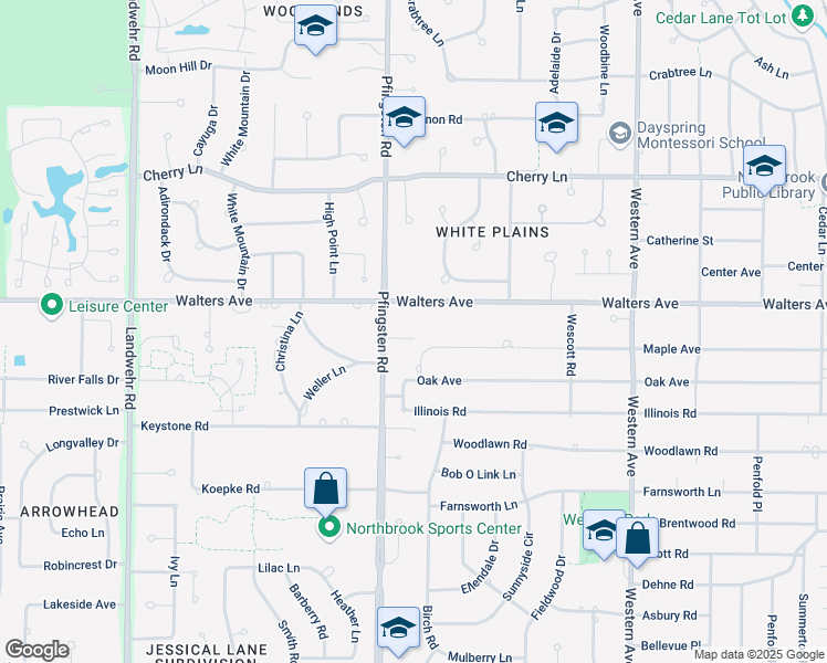 map of restaurants, bars, coffee shops, grocery stores, and more near 2738 Maple Avenue in Northbrook