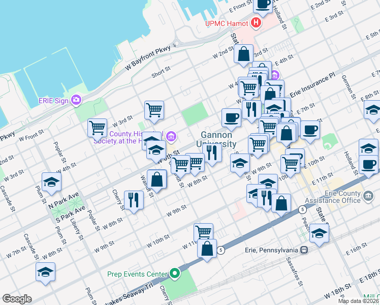 map of restaurants, bars, coffee shops, grocery stores, and more near 340 West 7th Street in Erie