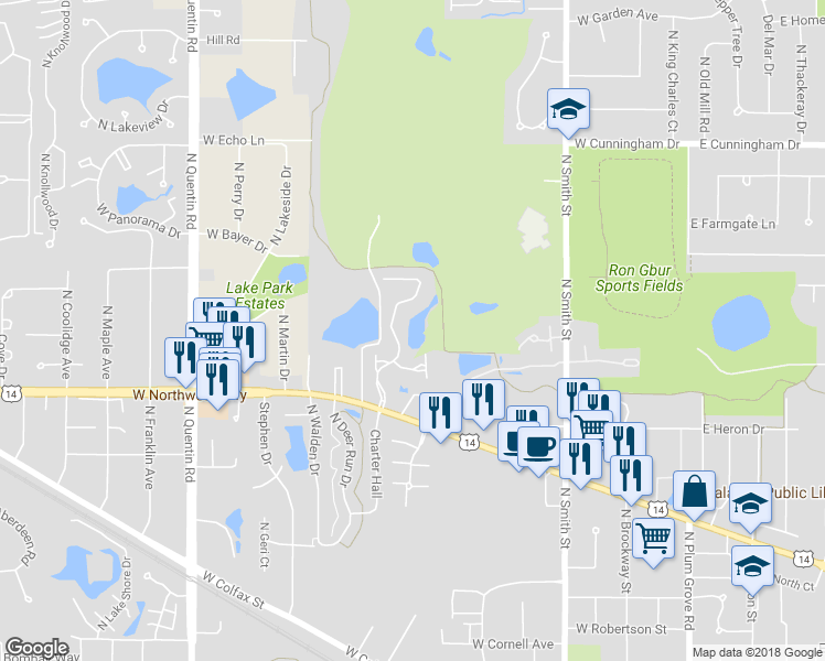 map of restaurants, bars, coffee shops, grocery stores, and more near 987 North Auburn Woods Drive in Palatine