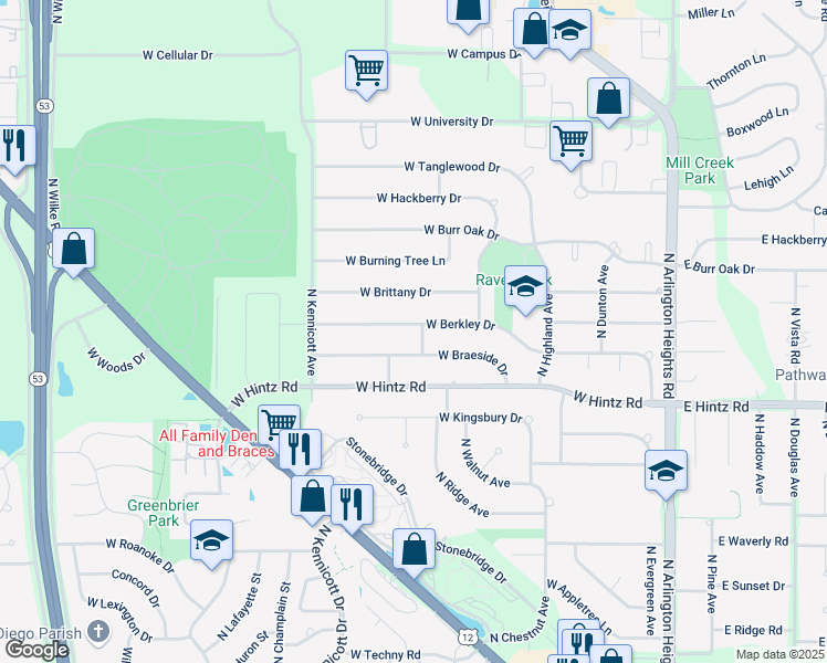 map of restaurants, bars, coffee shops, grocery stores, and more near 601 West Braeside Drive in Arlington Heights