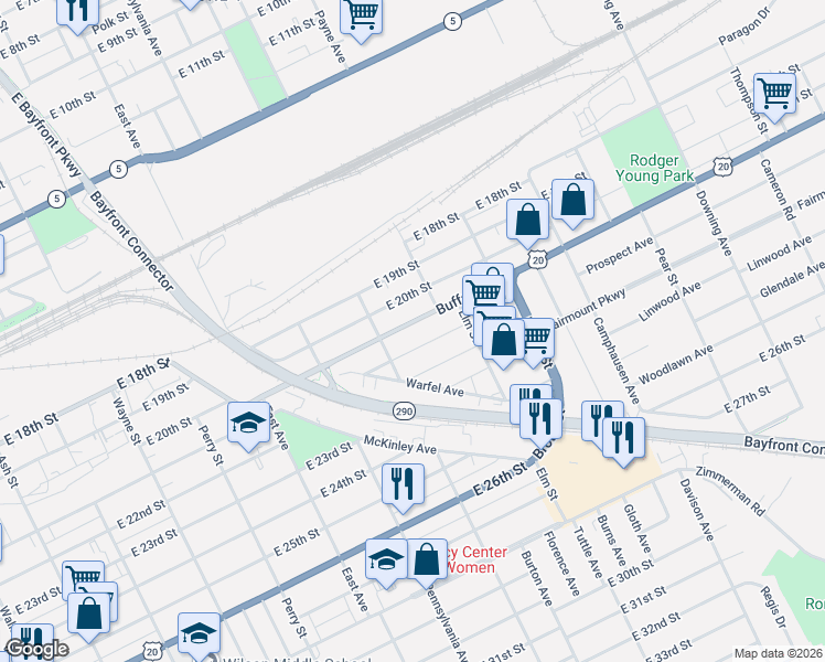 map of restaurants, bars, coffee shops, grocery stores, and more near 1206 East 21st Street in Erie