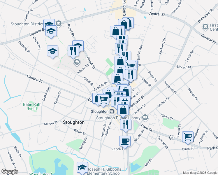 map of restaurants, bars, coffee shops, grocery stores, and more near 62 School Street in Stoughton