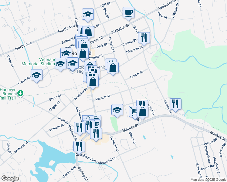 map of restaurants, bars, coffee shops, grocery stores, and more near 97 Vernon Street in Rockland