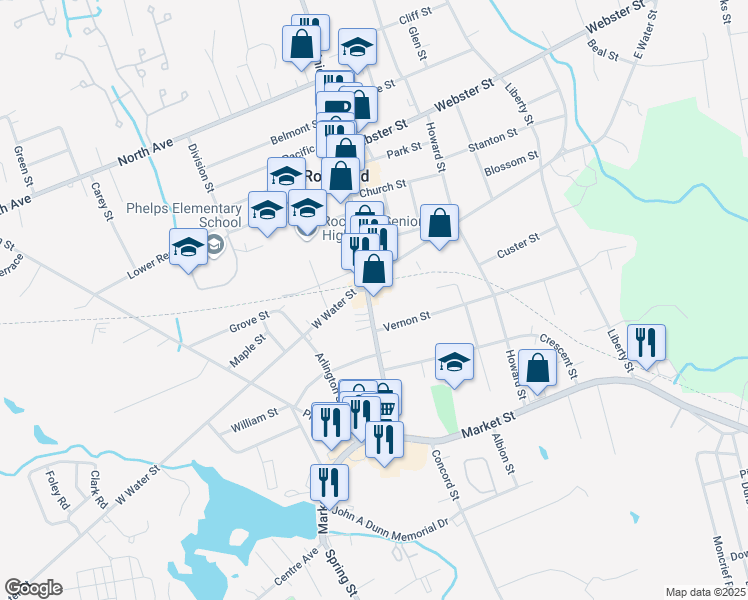 map of restaurants, bars, coffee shops, grocery stores, and more near 135 Union Street in Rockland