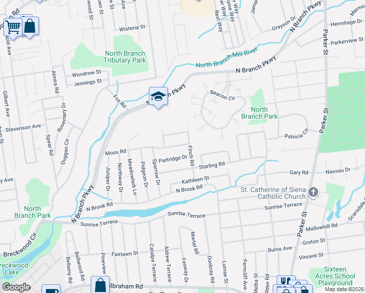 map of restaurants, bars, coffee shops, grocery stores, and more near 60 Partridge Drive in Springfield