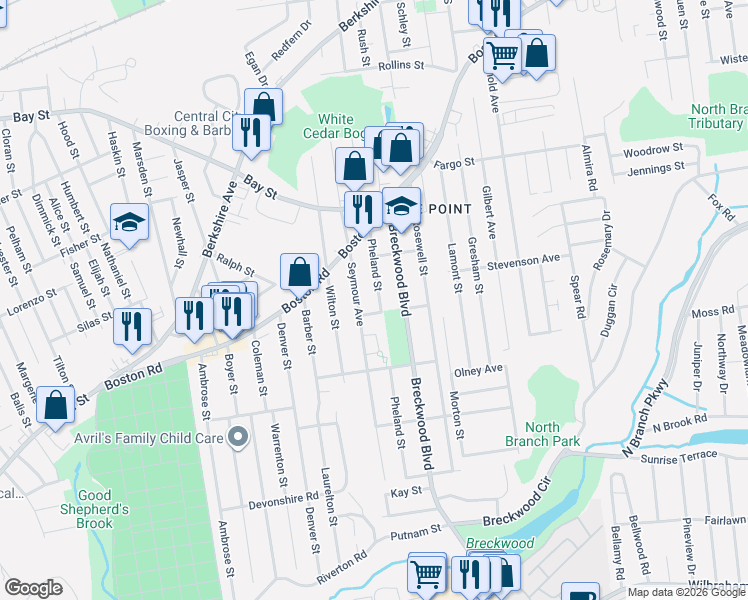 map of restaurants, bars, coffee shops, grocery stores, and more near 90 Seymour Avenue in Springfield