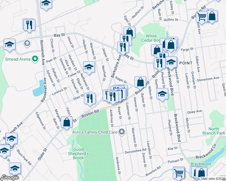 map of restaurants, bars, coffee shops, grocery stores, and more near 23 Preston Street in Springfield