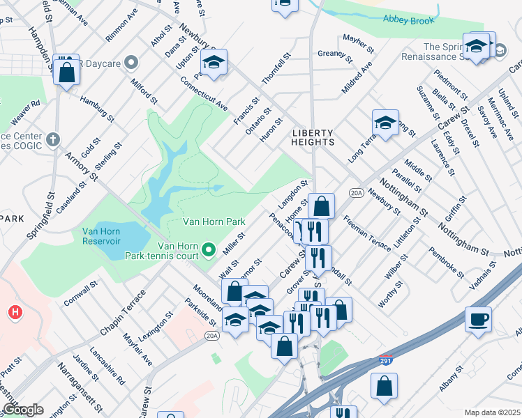 map of restaurants, bars, coffee shops, grocery stores, and more near 117 Miller Street in Springfield