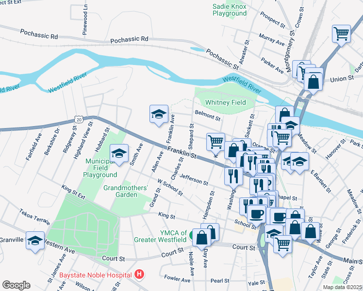 map of restaurants, bars, coffee shops, grocery stores, and more near 3 Charles Street in Westfield