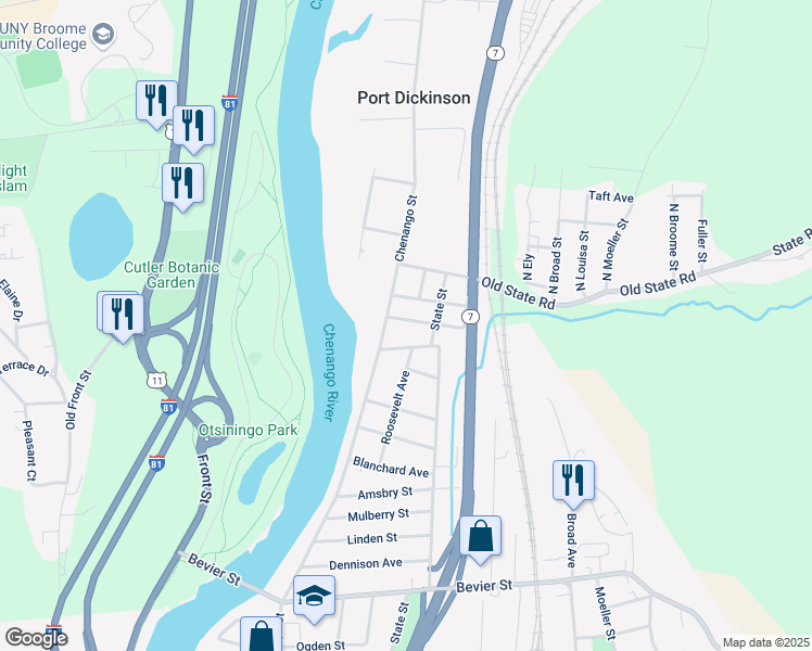 map of restaurants, bars, coffee shops, grocery stores, and more near 4 Bromley Avenue in Binghamton