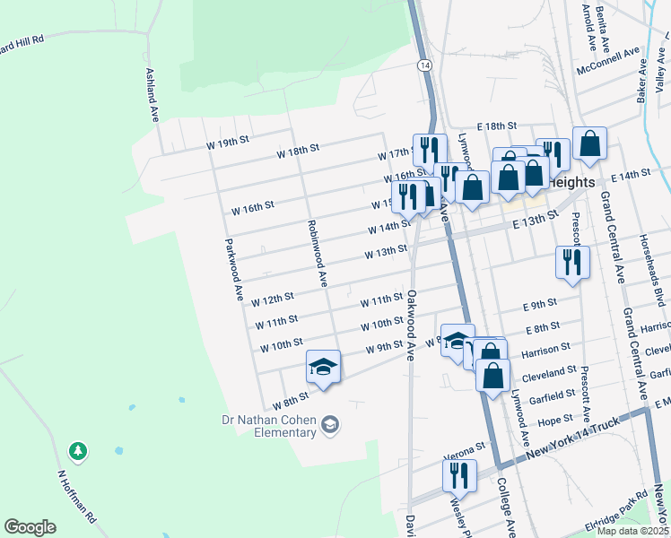 map of restaurants, bars, coffee shops, grocery stores, and more near 251 West 12th Street in Elmira Heights