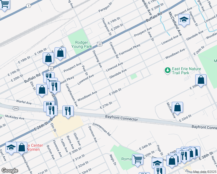 map of restaurants, bars, coffee shops, grocery stores, and more near 1740 E 26th St in Erie