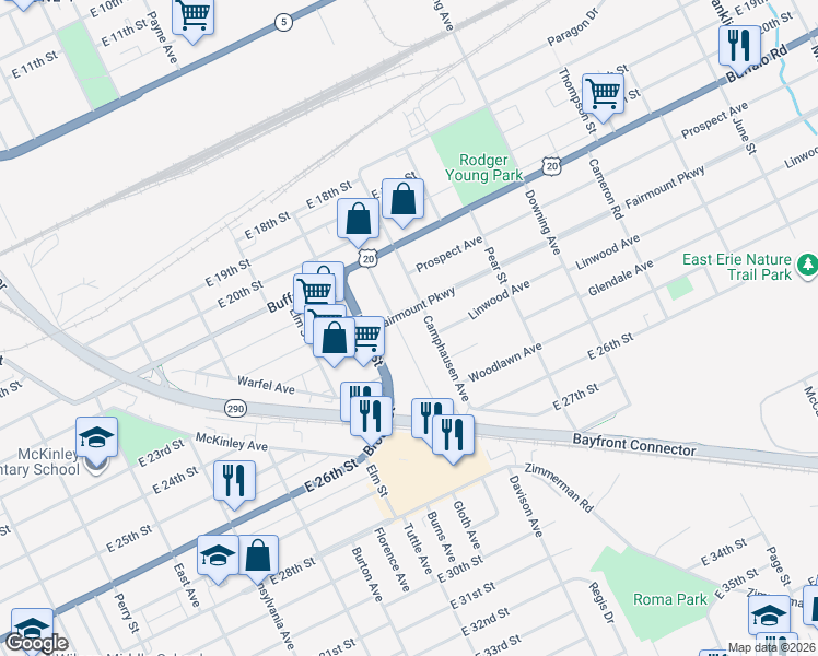 map of restaurants, bars, coffee shops, grocery stores, and more near 2311 Kilpatrick Avenue in Erie