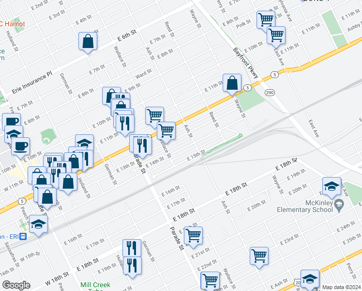 map of restaurants, bars, coffee shops, grocery stores, and more near 519 East 14th Street in Erie