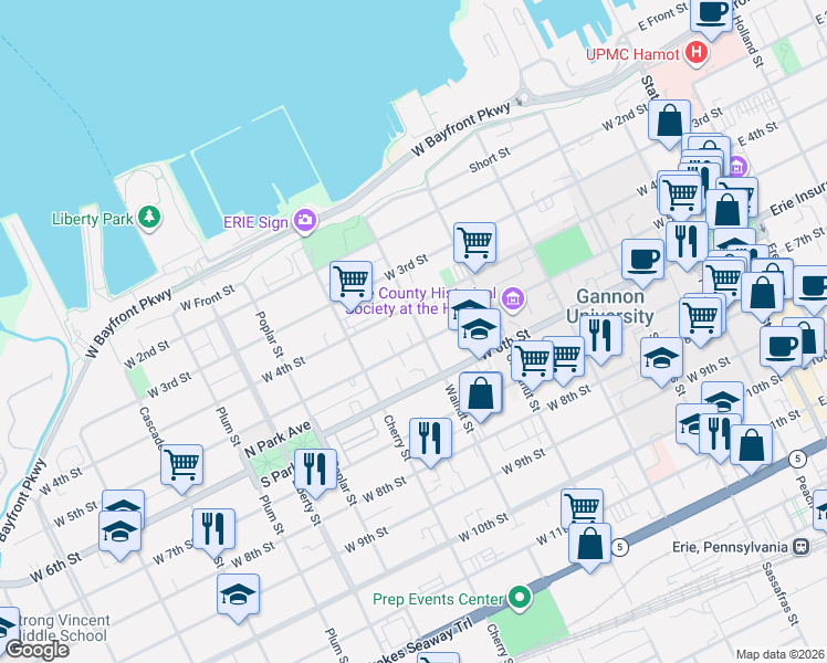 map of restaurants, bars, coffee shops, grocery stores, and more near 510 Walnut Street in Erie