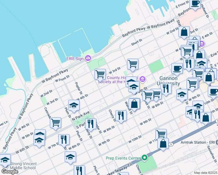 map of restaurants, bars, coffee shops, grocery stores, and more near 548 West 5th Street in Erie