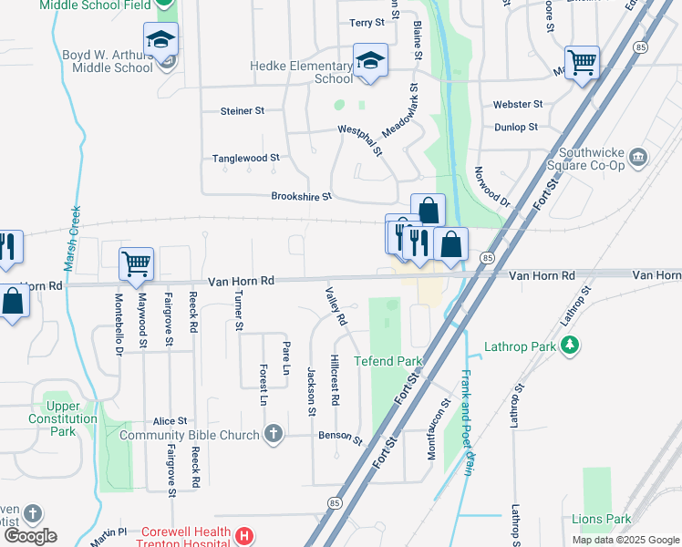 map of restaurants, bars, coffee shops, grocery stores, and more near 4533 Valley Road in Trenton
