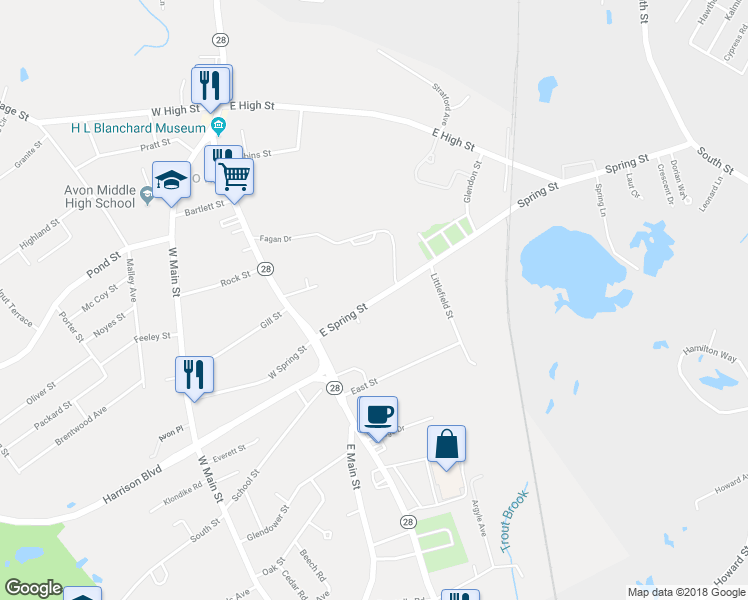 map of restaurants, bars, coffee shops, grocery stores, and more near 198 East Spring Street in Avon