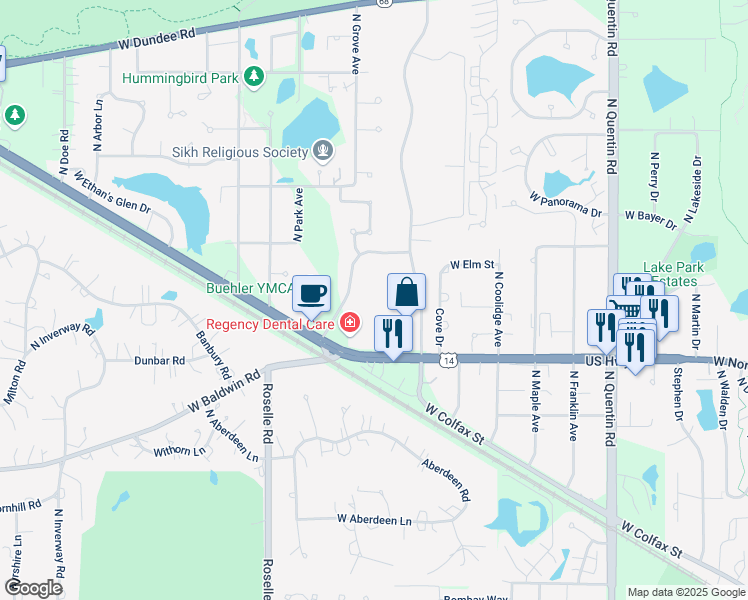 map of restaurants, bars, coffee shops, grocery stores, and more near in Palatine