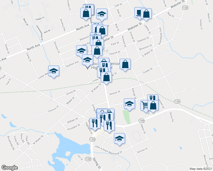 map of restaurants, bars, coffee shops, grocery stores, and more near 159 Union Street in Rockland