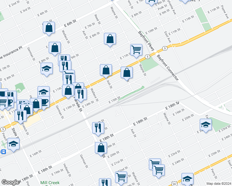 map of restaurants, bars, coffee shops, grocery stores, and more near 607 East 14th Street in Erie