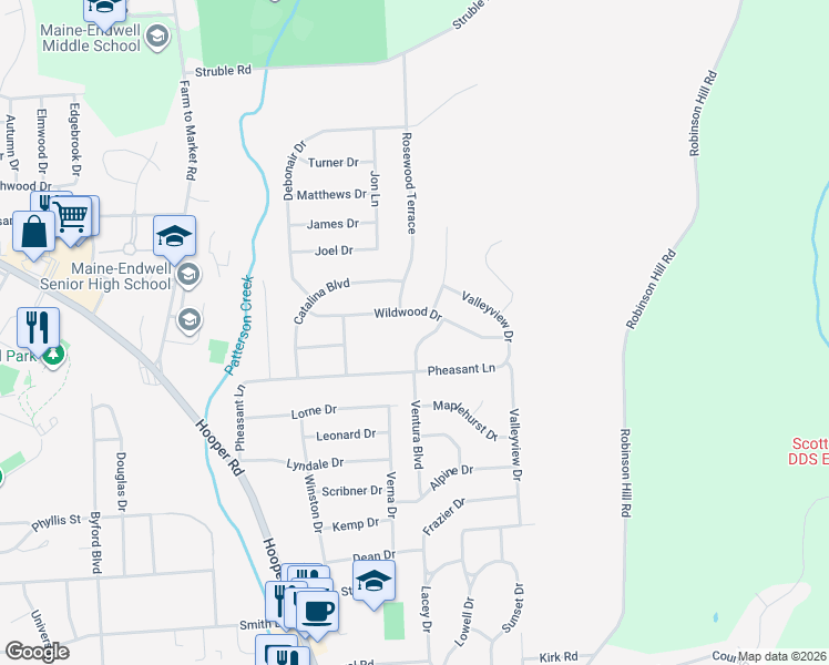 map of restaurants, bars, coffee shops, grocery stores, and more near 3705 Wildwood Drive in Endicott