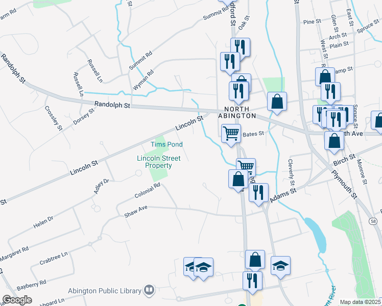 map of restaurants, bars, coffee shops, grocery stores, and more near 32 Warren Street in Abington
