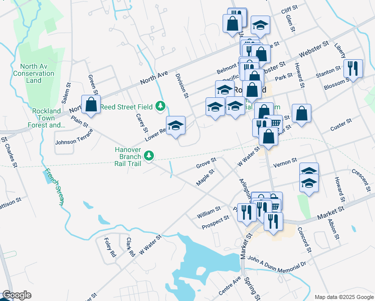 map of restaurants, bars, coffee shops, grocery stores, and more near 1 Lt Col Brian Duffy Way in Rockland