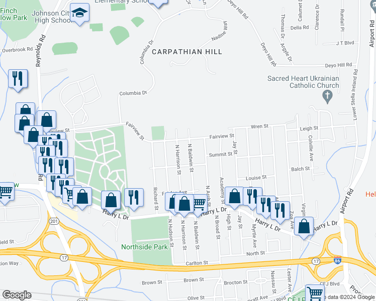 map of restaurants, bars, coffee shops, grocery stores, and more near 225 North Baldwin Street in Johnson City