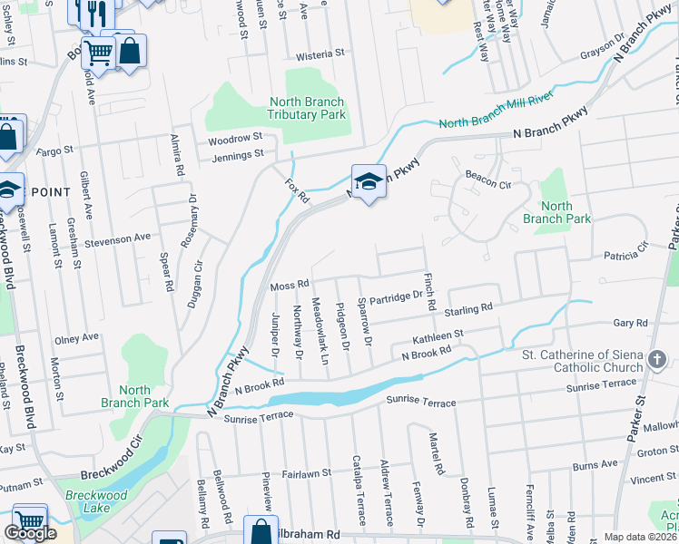 map of restaurants, bars, coffee shops, grocery stores, and more near 109 Moss Road in Springfield