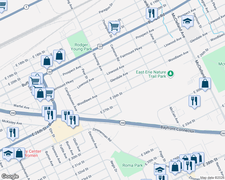 map of restaurants, bars, coffee shops, grocery stores, and more near 1832 Woodlawn Ave in Erie