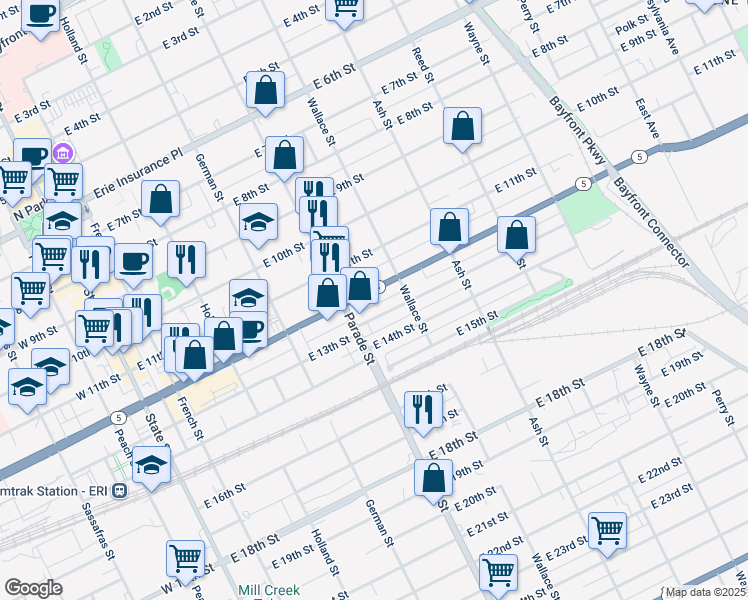 map of restaurants, bars, coffee shops, grocery stores, and more near 440 42 E 12 Street in Erie