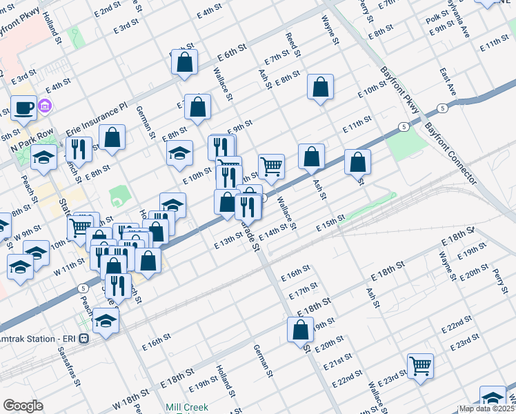 map of restaurants, bars, coffee shops, grocery stores, and more near 440 42 E 12 Street in Erie