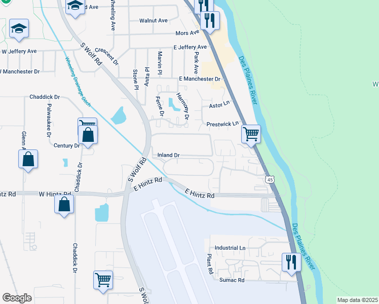 map of restaurants, bars, coffee shops, grocery stores, and more near 403 Inland Drive in Wheeling
