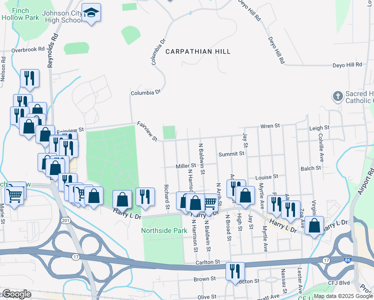 map of restaurants, bars, coffee shops, grocery stores, and more near 248 North Harrison Street in Johnson City