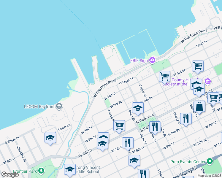 map of restaurants, bars, coffee shops, grocery stores, and more near 927 West Front Street in Erie